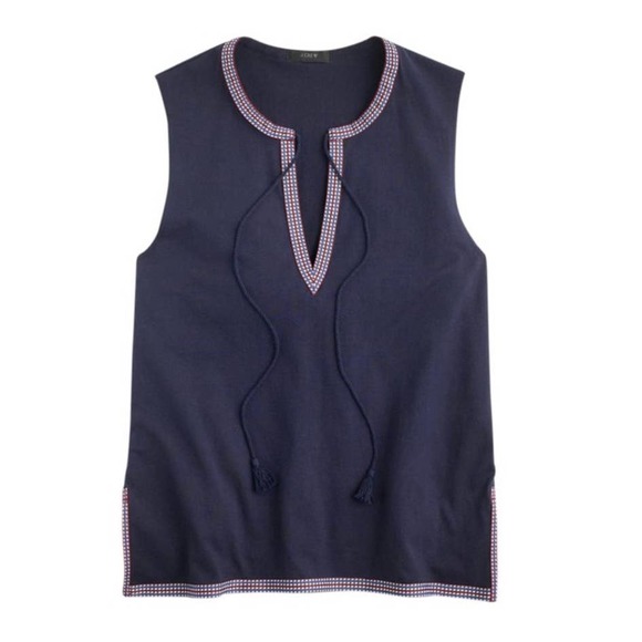 J. Crew Cotton Navy Multicolored Trim Sleeveless Tie Neck Top Size Medium NEW - Picture 9 of 9